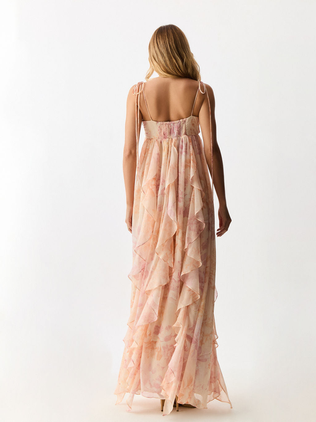 Vestido Longo com Babados Verticais Floral