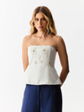 Corset sem Alças com Bordado de Flores Off White