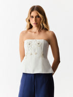 Corset sem Alças com Bordado de Flores Off White