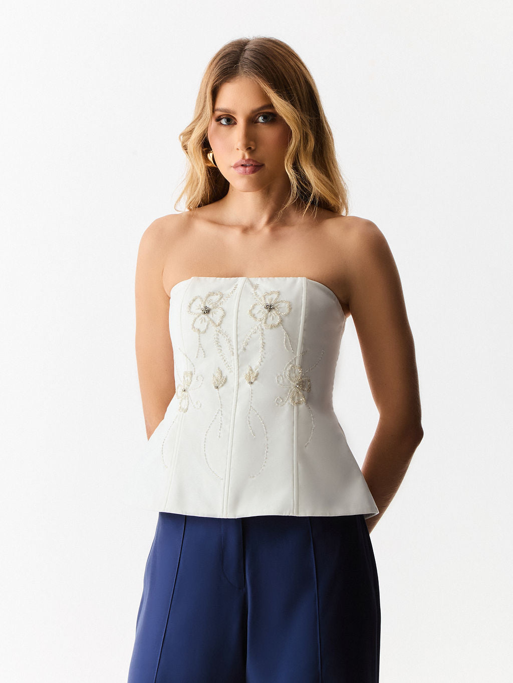 Corset sem Alças com Bordado de Flores Off White
