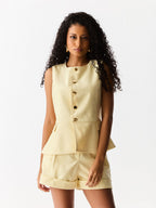 Colete Peplum com Botões, Risca de Giz Ivory
