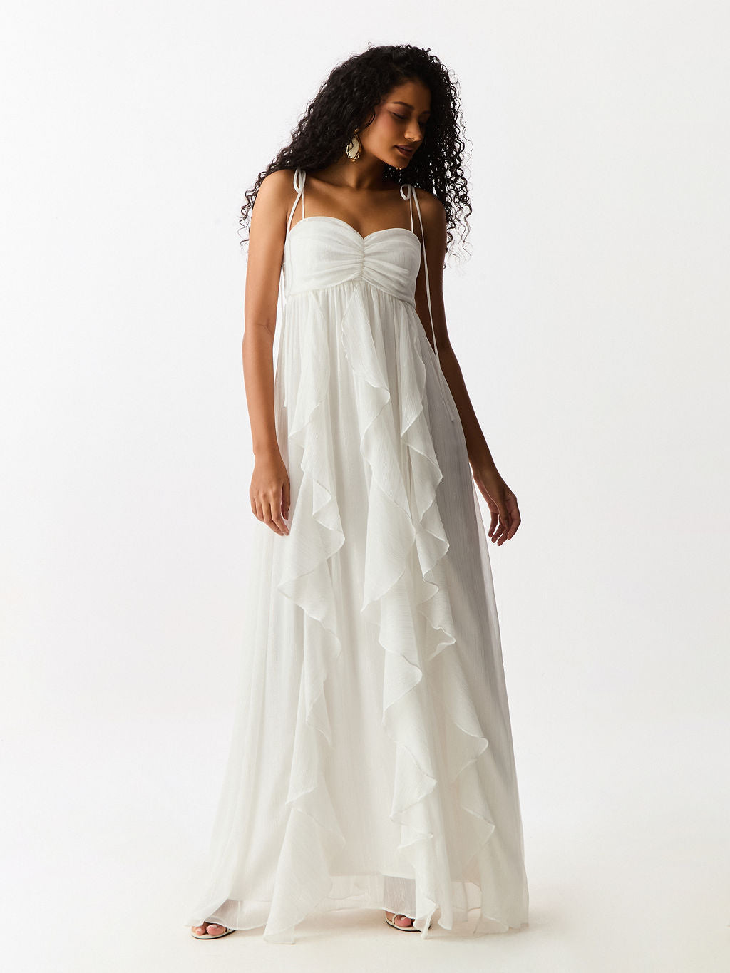 Vestido Longo com Babados Verticais Branco