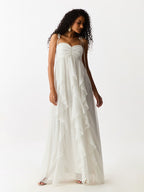 Vestido Longo com Babados Verticais Branco