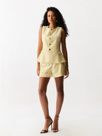 Colete Peplum com Botões, Risca de Giz Ivory