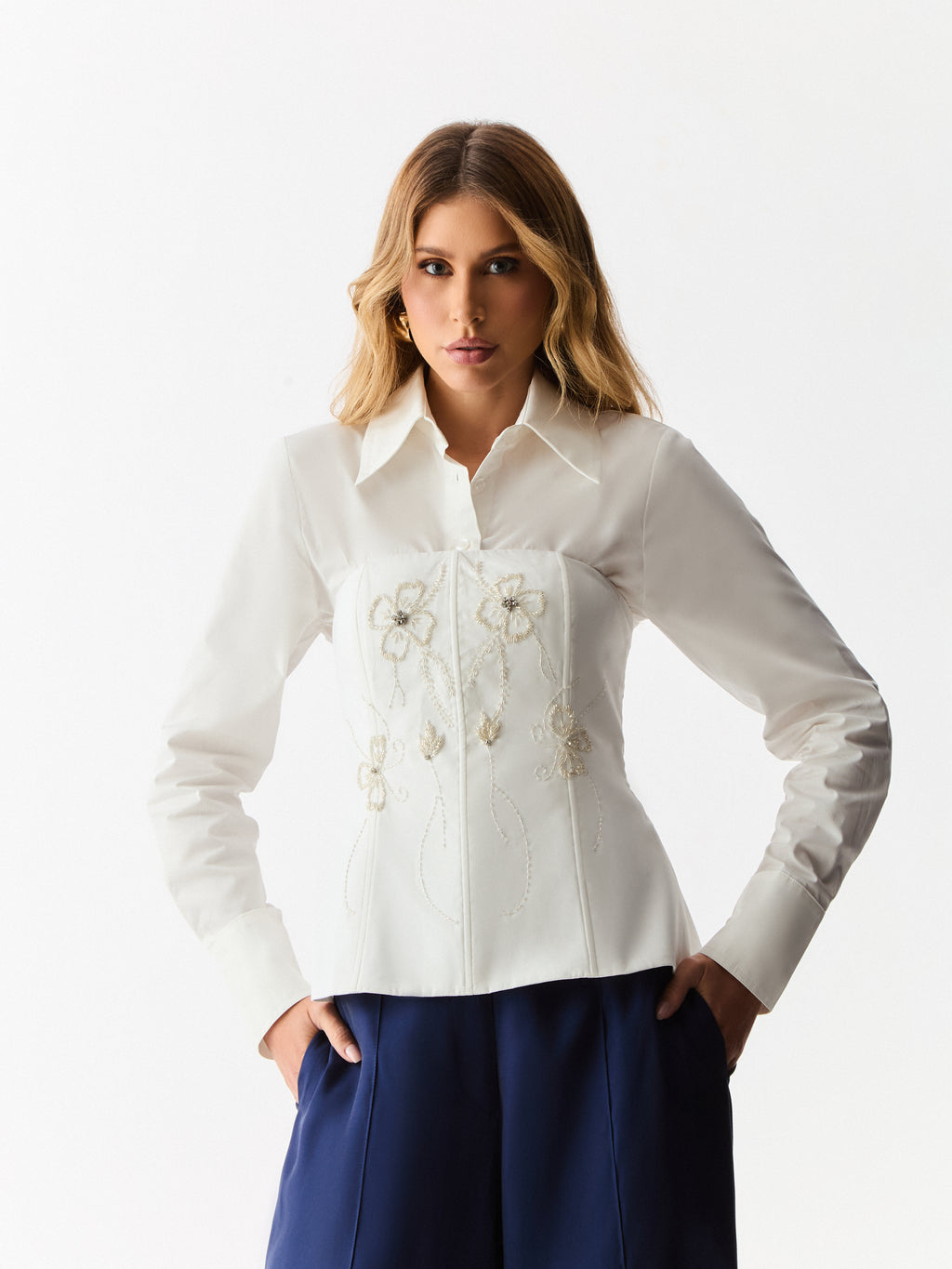 Corset sem Alças com Bordado de Flores Off White