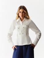 Corset sem Alças com Bordado de Flores Off White