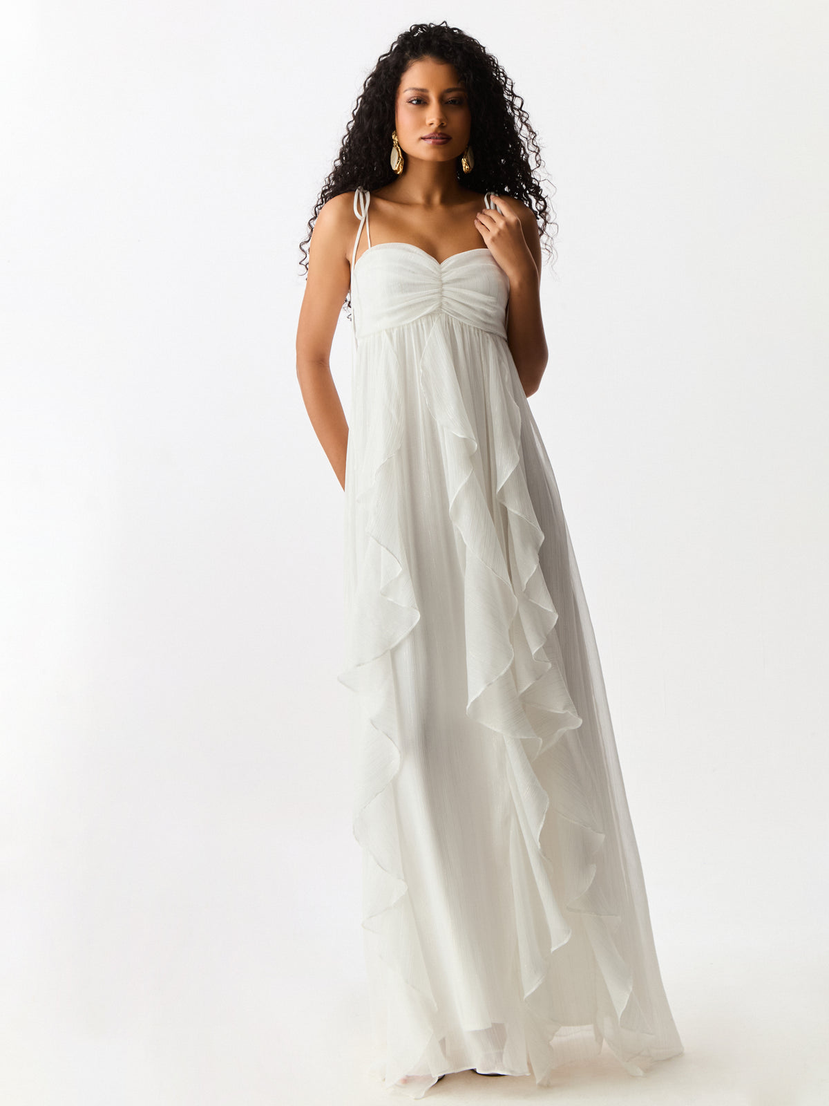 Vestido Longo com Babados Verticais Branco