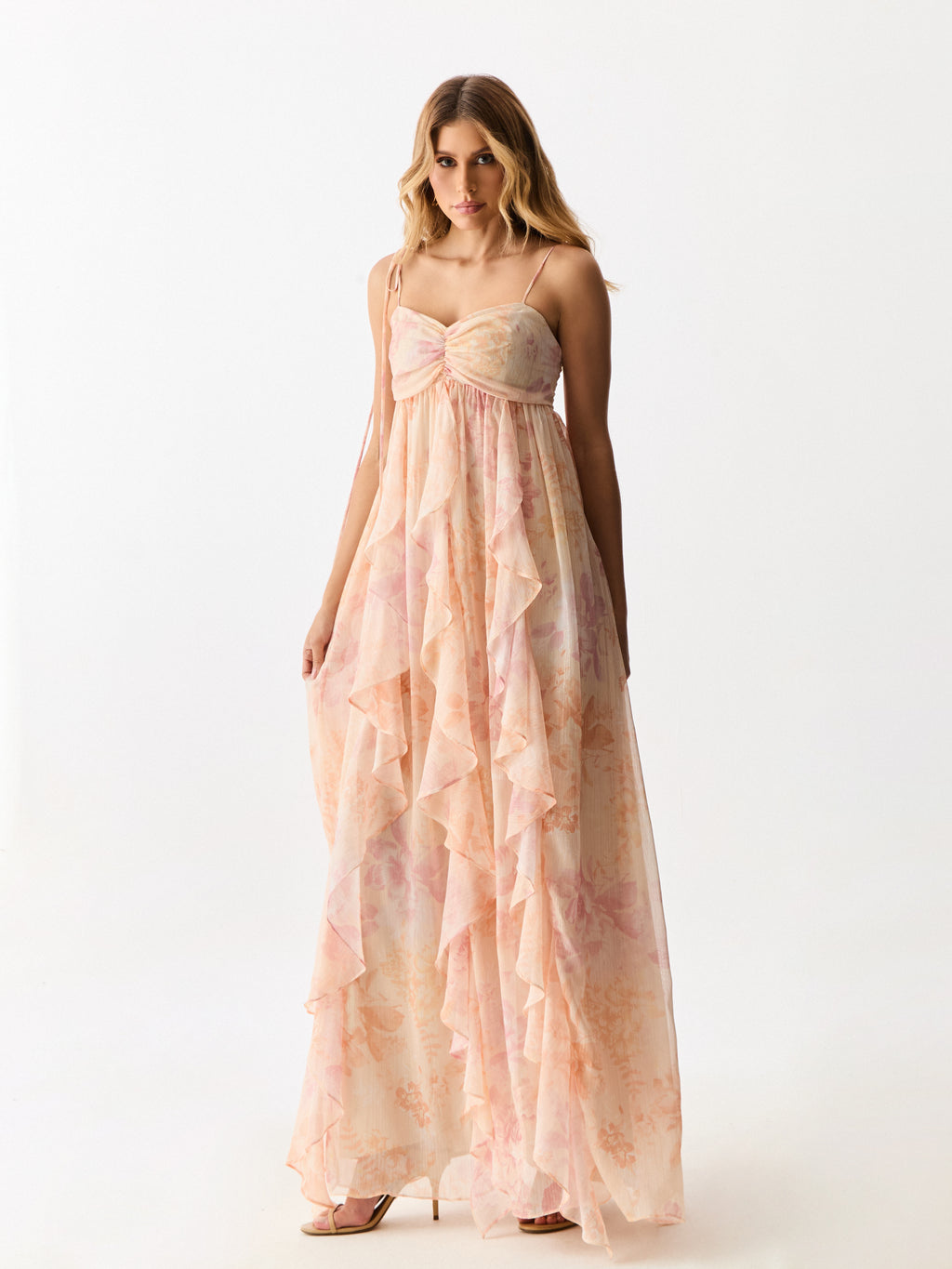 Vestido Longo com Babados Verticais Floral