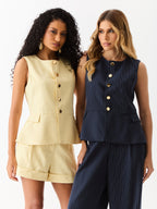 Colete Peplum com Botões, Risca de Giz Midnight
