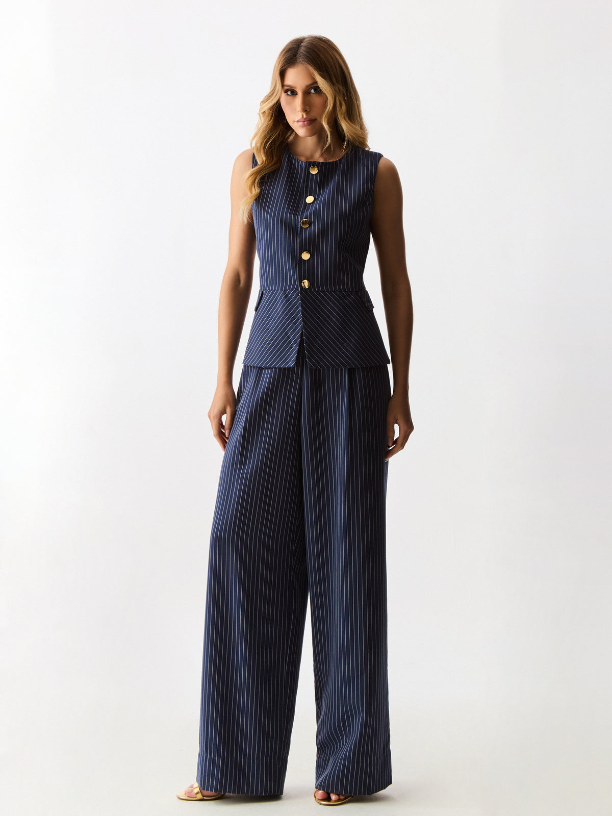 Colete Peplum com Botões, Risca de Giz Midnight