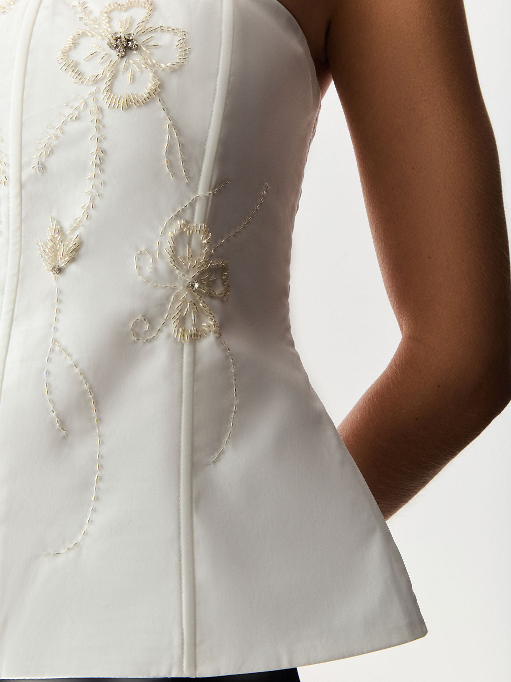 Corset sem Alças com Bordado de Flores Off White
