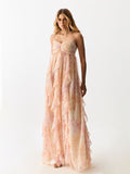 Vestido Longo com Babados Verticais Floral
