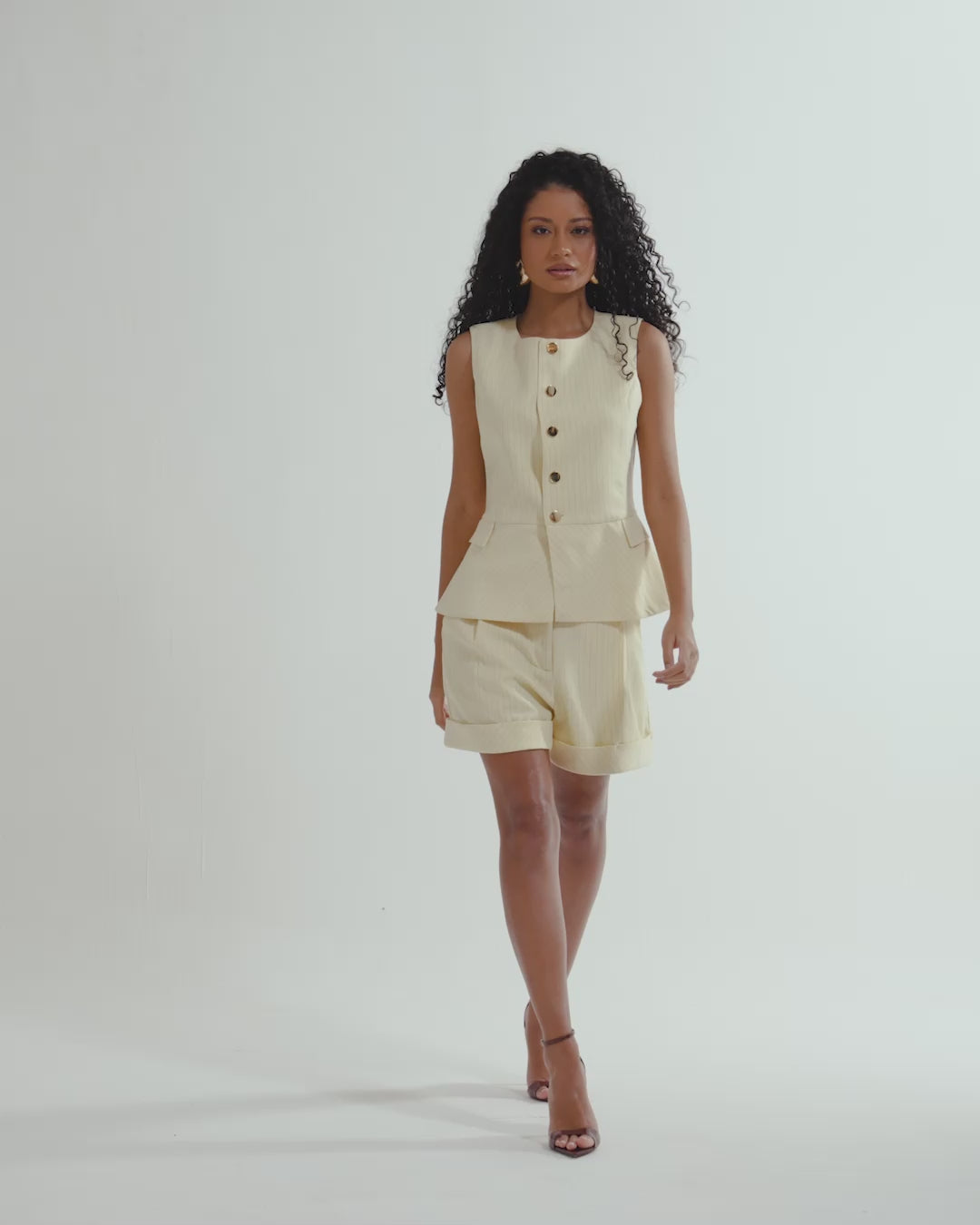 Colete Peplum com Botões, Risca de Giz Ivory